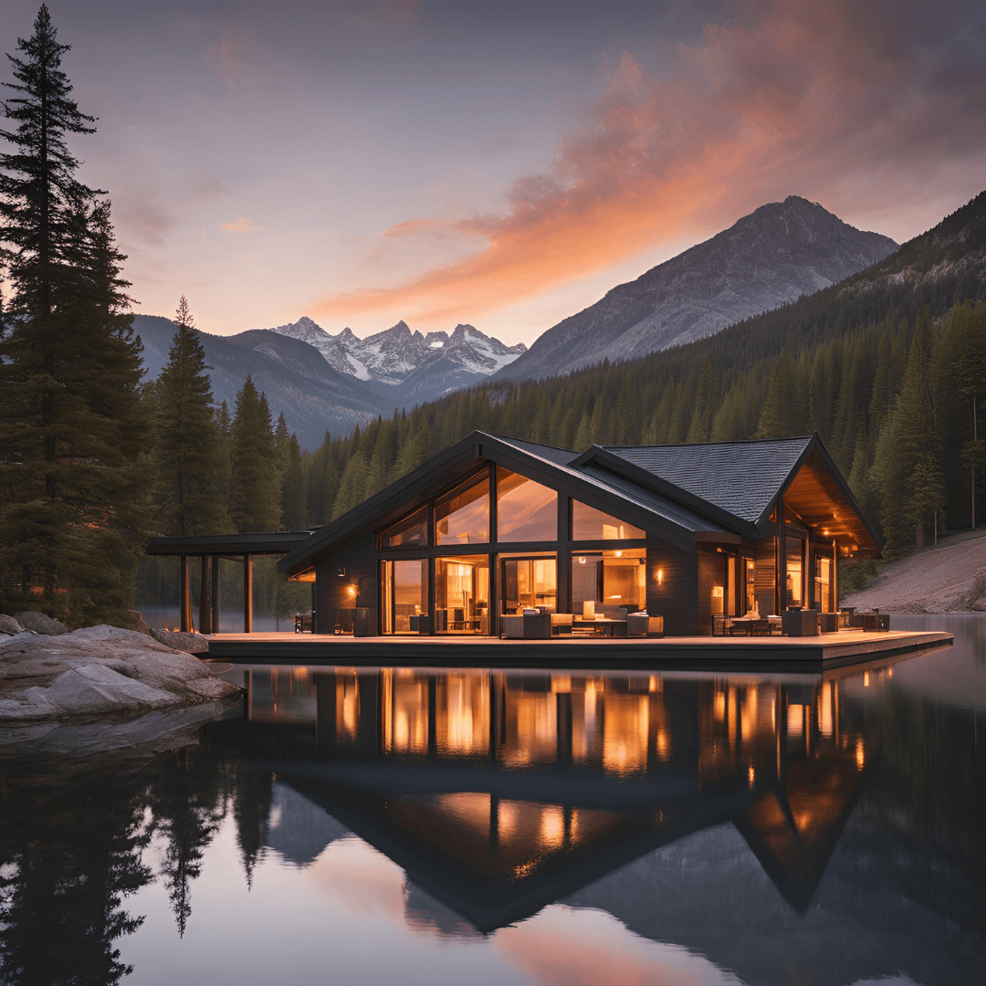 Family sitting around a fire pit in front of cabin